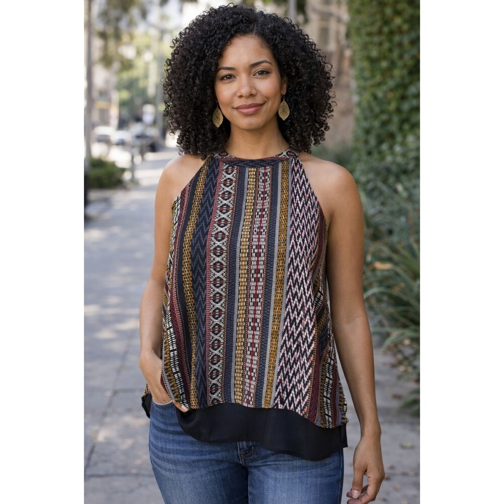 Womens Ethno Chic Ikat Tribal Print Halter Tank High Neck Flowey Top Size Medium - Picture 2 of 6